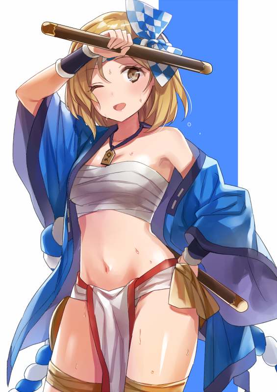 1girl ;d arm_up armpit_peek bare_shoulders blonde_hair blush bow bracer breasts brown_eyes budget_sarashi checkered checkered_bow collarbone commentary_request cowboy_shot djeeta_(granblue_fantasy) drum_master_(granblue_fantasy) drumsticks granblue_fantasy hachimaki hair_bow hand_on_hip happi headband japanese_clothes jewelry loincloth long_sleeves looking_at_viewer medium_breasts midriff navel necklace nejiri_hachimaki off_shoulder one_eye_closed open_clothes open_mouth pendant sarashi shiny shiny_skin short_hair smile solo standing stomach sweat tareme thigh_strap thighs two-tone_background wide_sleeves yuzuki_karu