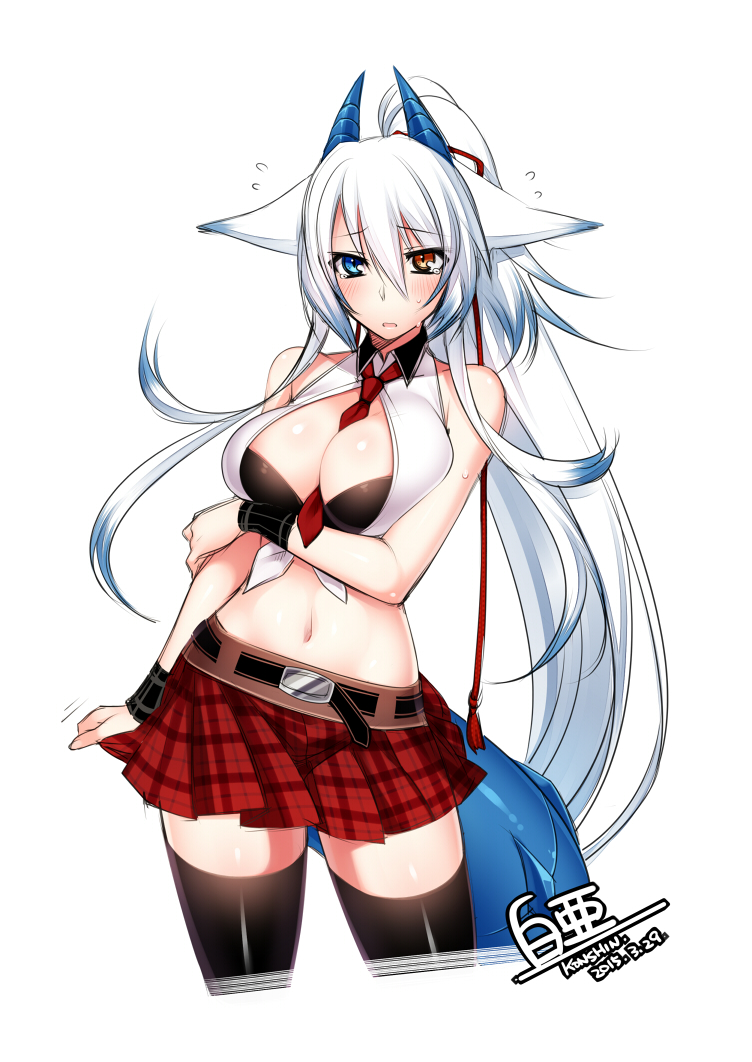 1girl animal_ears artist_name bare_shoulders belt between_breasts black_bra black_legwear blue_eyes blush bra breast_hold breasts center_opening cleavage commentary_request cowboy_shot crossed_arms dated dragon_horns dragon_tail embarrassed flying_sweatdrops fox_ears heterochromia horns konshin large_breasts long_hair looking_at_viewer navel necktie necktie_between_breasts orange_eyes orie_hakua pixiv_fantasia pixiv_fantasia_new_world plaid plaid_skirt pleated_skirt ponytail red_necktie signature silver_hair simple_background skirt solo tail tears thigh-highs underwear very_long_hair white_background wristband zettai_ryouiki