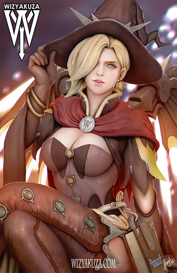 1girl alternate_costume backlighting blonde_hair blue_eyes blurry blurry_background bodice book breasts brooch brown_gloves brown_legwear capelet ceasar_ian_muyuela cleavage commentary earrings elbow_gloves gloves glowing glowing_wings hair_over_one_eye halloween_costume hand_on_headwear hat jack-o'-lantern jack-o'-lantern_earrings jewelry leather legs_crossed light_particles light_smile looking_at_viewer mechanical_wings medium_breasts mercy_(overwatch) overwatch parted_lips pelvic_curtain purple_background red_capelet short_sleeves signature sitting solo thigh-highs upper_body watermark web_address wings witch_hat witch_mercy yellow_wings