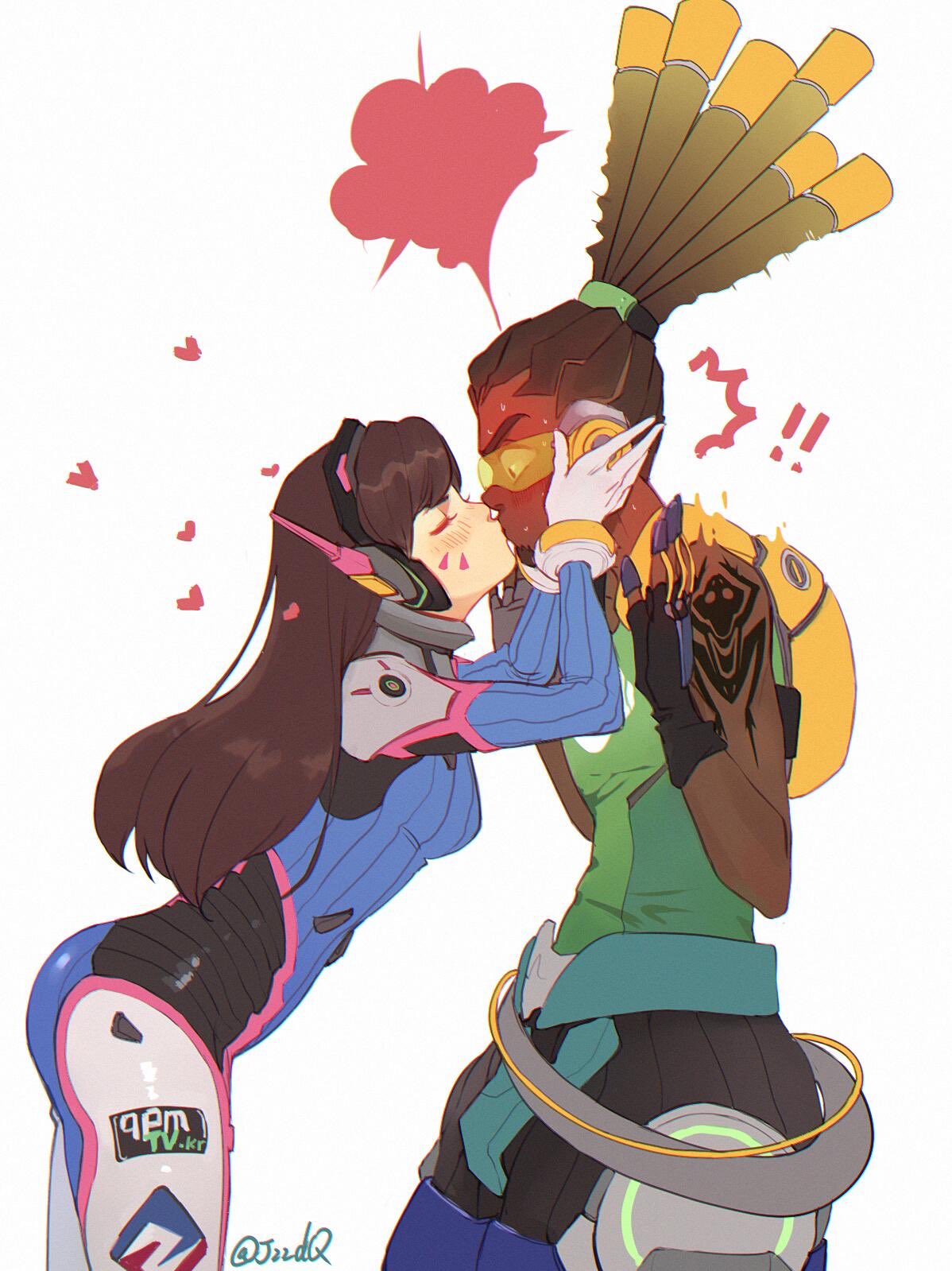 !! 1boy 1girl acronym bangs beard black_gloves blush bodysuit breasts brown_eyes brown_hair closed_eyes clothes_writing couple cowboy_shot d.va_(overwatch) dark_skin dark_skinned_male facepaint facial_hair facial_mark fingerless_gloves full-face_blush gloves green_shirt hairlocs hand_on_another's_face headphones heart hetero high_collar highres jzzdq kiss leaning_forward long_hair looking_at_another lucio_(overwatch) medium_breasts overwatch pilot_suit profile ribbed_bodysuit shirt shoulder_pads simple_background skin_tight sleeveless sleeveless_shirt surprise_kiss surprised swept_bangs twitter_username visor whisker_markings white_background white_gloves