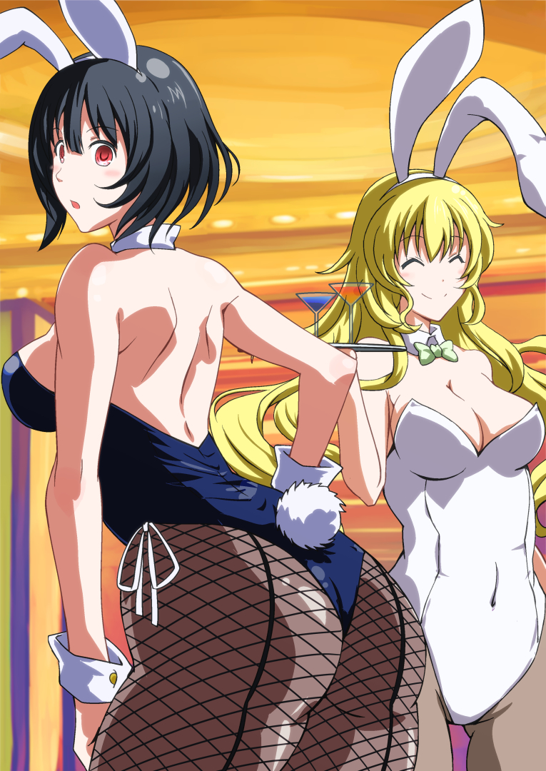 2girls :o ^_^ alternate_costume animal_ears arm arm_at_side ass atago_(kantai_collection) back bare_arms bare_back bare_shoulders black_hair black_leotard blonde_hair blue_leotard blush bow bowtie breasts brown_legwear bunny_girl bunny_tail bunnysuit cleavage closed_eyes closed_mouth covered_navel cowboy_shot cup detached_collar drink drinking_glass fake_animal_ears female fishnet_pantyhose fishnets green_bow grey_legwear hand_on_hip highres kantai_collection large_breasts leaning leaning_forward leotard long_hair looking_at_viewer looking_back moroheiya_(user_harz4842) multiple_girls open_mouth pantyhose rabbit_ears short_hair side-tie_leotard sideboob smile standing strapless strapless_leotard tail takao_(kantai_collection) tray white_bow white_bowtie white_leotard wine_glass wrist_cuffs