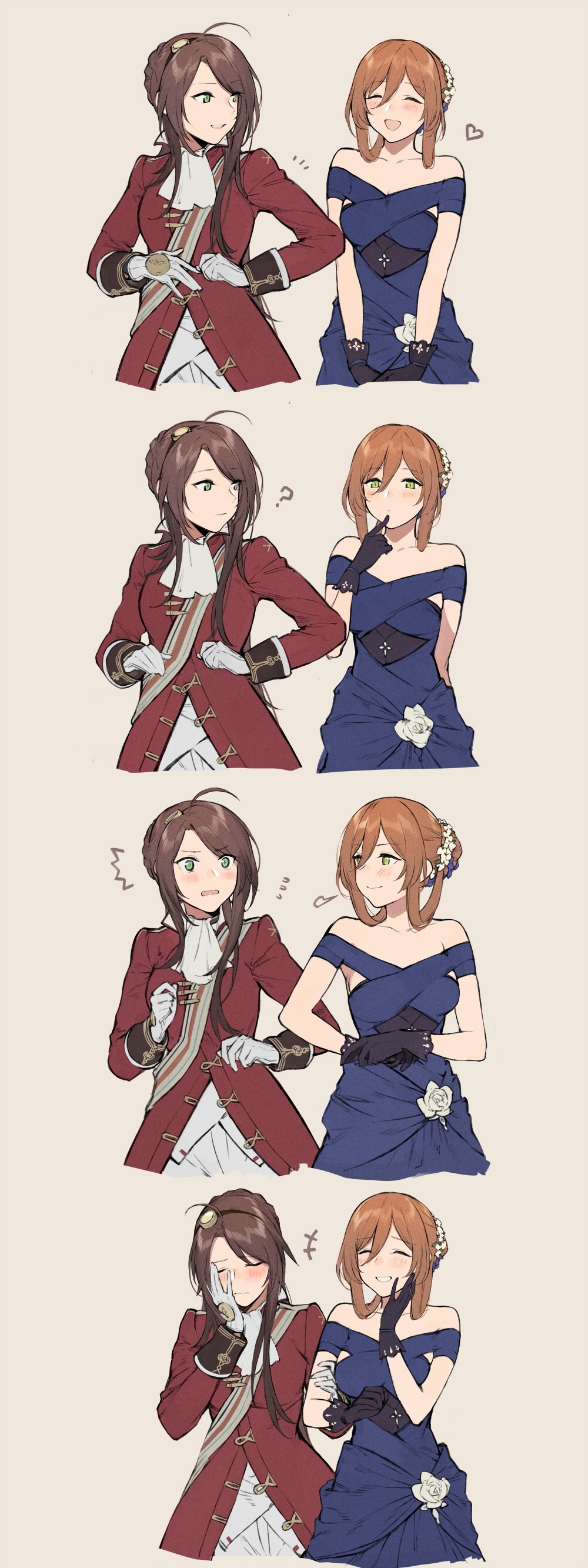 2girls :d ? ^_^ absurdres arm_grab bangs black_gloves blue_dress blush braid breasts brown_hair cleavage closed_eyes coat collarbone comic dress duoyuanjun embarrassed evening_gown facepalm flower flush french_braid girls_frontline gloves green_eyes grin hair_between_eyes hair_bun hair_flower hair_ornament hairband hand_on_own_face heart highres lee-enfield_(girls_frontline) locked_arms long_sleeves m1903_springfield_(girls_frontline) multiple_girls open_mouth pants parted_bangs personification red_coat short_hair smile strapless strapless_dress upper_body white_gloves white_pants yuri