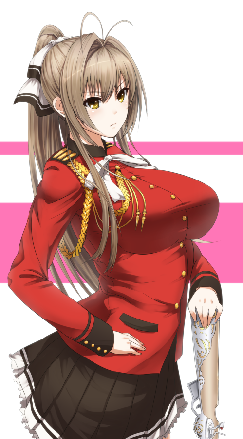 1girl amagi_brilliant_park antenna_hair black_skirt bow breasts brown_hair commentary_request gun hair_bow hand_on_hip holding holding_gun holding_weapon large_breasts long_hair military military_uniform minami_koyogi pleated_skirt ponytail rifle sento_isuzu skirt solo uniform weapon