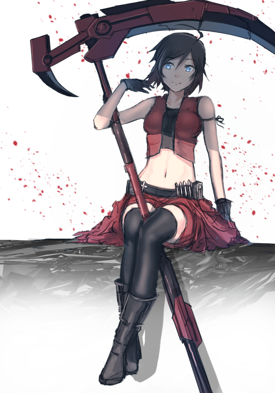 1girl anonamos bare_shoulders black_hair blue_eyes boots highres jacket looking_at_viewer ruby_rose rwby scythe short_hair sitting smile thigh-highs weapon