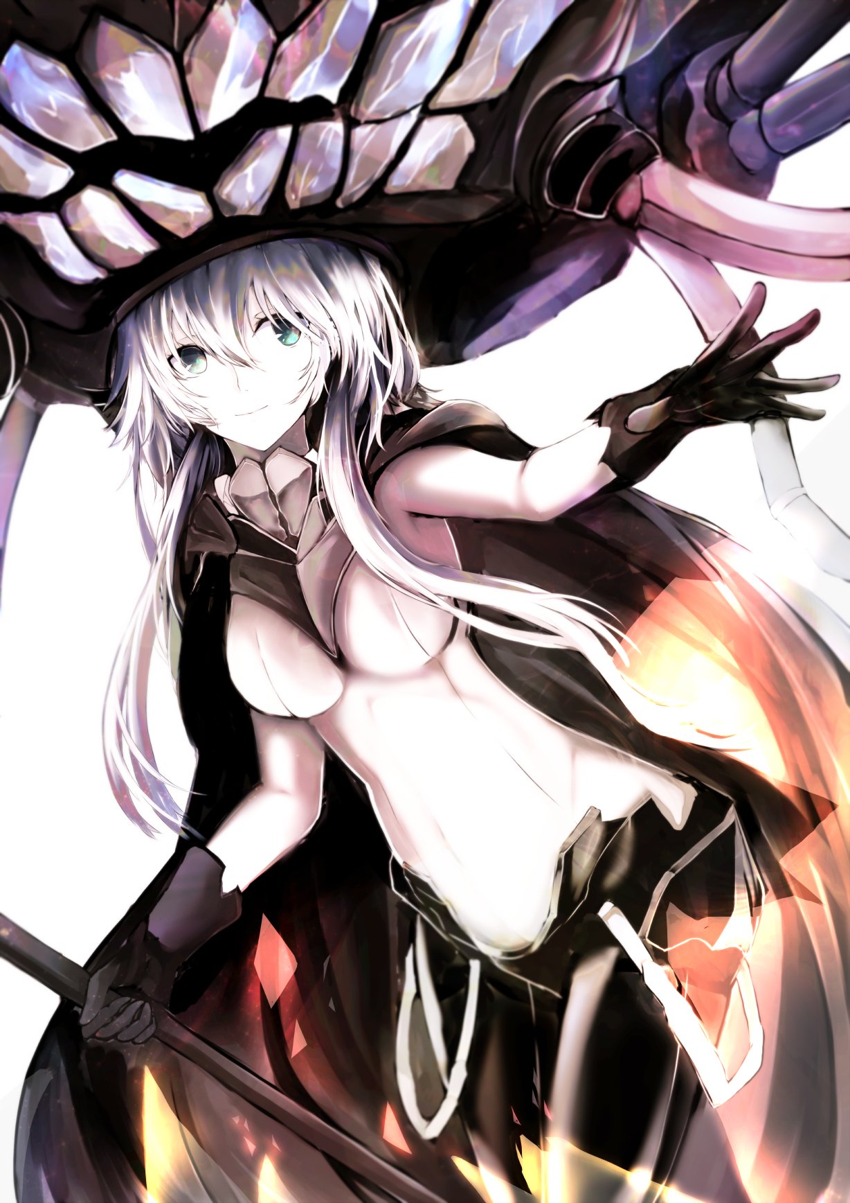 1girl aqua_eyes artist_request black_gloves bodysuit breasts cane cape commentary_request cowboy_shot gloves hat headgear highres kantai_collection long_hair monster outstretched_hand pale_skin shinkaisei-kan silver_hair simple_background smile solo teeth tentacle white_background white_skin wo-class_aircraft_carrier