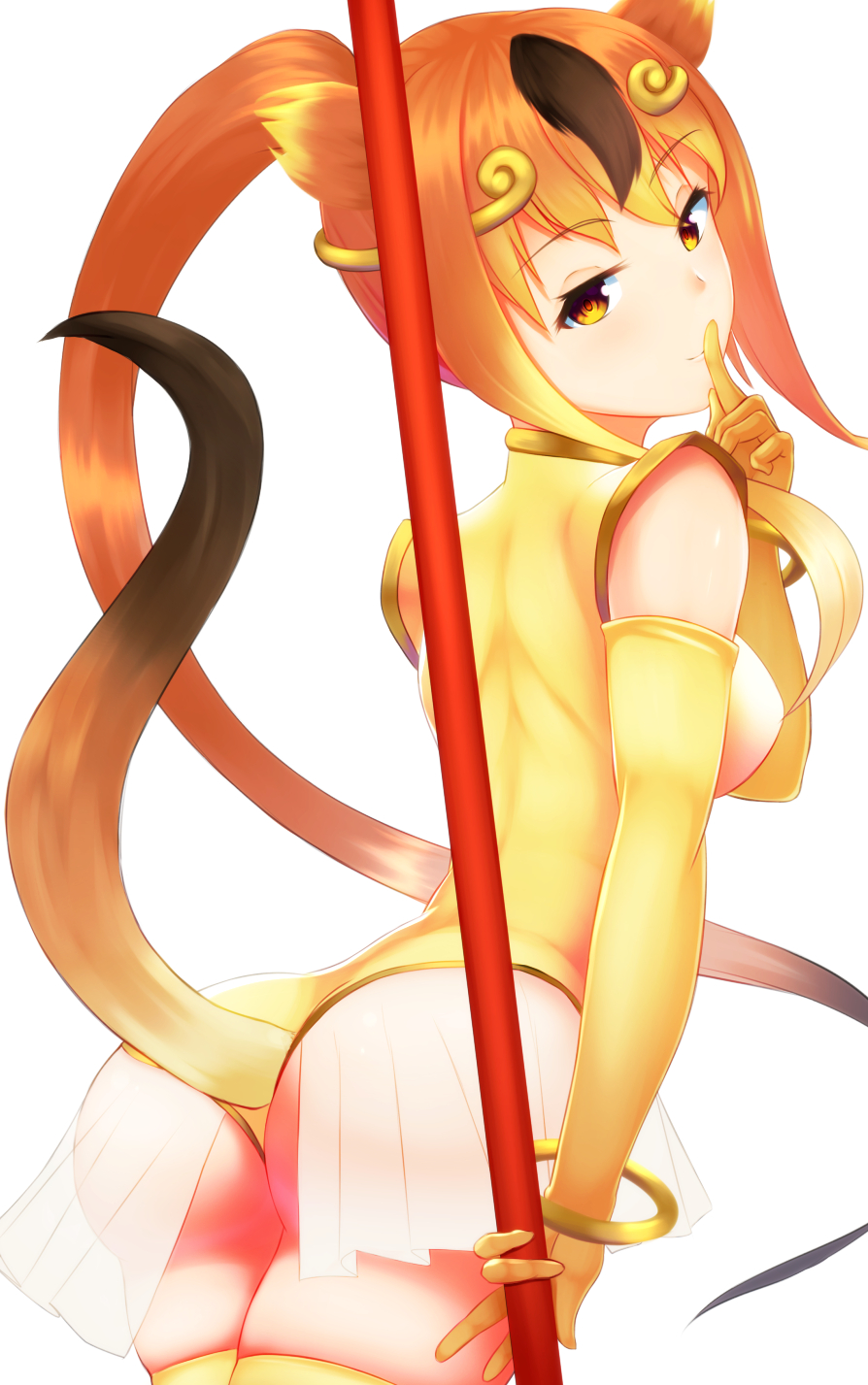 1girl ass bangle bracelet brown_eyes brown_hair circlet closed_mouth elbow_gloves eyebrows_visible_through_hair finger_to_mouth from_behind gloves golden_snub-nosed_monkey_(kemono_friends) head_tilt high_ponytail highres holding holding_staff jewelry kemono_friends leotard long_hair monkey_ears monkey_tail multicolored_hair orange_hair shiroteru simple_background smile solo staff tail two-tone_hair very_long_hair white_background yellow_legwear yellow_leotard