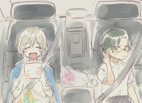 2boys bandaid blonde_hair bouquet child ensemble_stars! flower glasses green_eyes green_hair hasumi_keito jolaeng-i male_focus multiple_boys necktie safety_belt short_hair sidelocks sitting smile sweater tenshouin_eichi younger