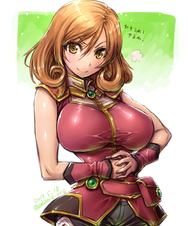 &gt;:) =3 amania_orz belt_pouch blush breasts brown_eyes brown_hair closed_mouth cowboy_shot doyagao hair_between_eyes hands_together impossible_clothes impossible_shirt large_breasts remia_zania_valhalevia shirt skin_tight super_robot_wars super_robot_wars_the_lord_of_elemental translation_request vambraces