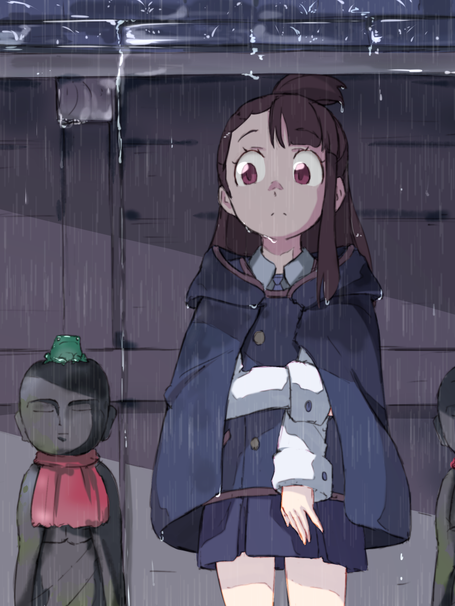 1girl asymmetrical_bangs bangs brown_hair cloak closed_eyes closed_mouth collared_shirt cowboy_shot expressionless frog frown highres jizou kagari_atsuko little_witch_academia long_hair necktie pleated_skirt rain red_eyes school_uniform shirt skirt standing statue tei-o wet wet_clothes white_shirt wing_collar