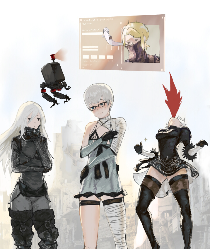 1boy 3girls android bandage bare_shoulders blonde_hair blood blue_eyes blush bodysuit cosplay crossdressinging elbow_gloves feather-trimmed_sleeves flower ghost glasses gloves hair_flower hair_ornament hairband hologram kaine_(nier) kaine_(nier)_(cosplay) lingerie long_hair mole mole_under_mouth multiple_girls negligee nier nier_(series) nier_automata nosebleed operator_21o panties pod_(nier_automata) quentin_lecuiller ribbon robot short_hair silver_hair smile thigh-highs trap underwear white_hair white_panties yorha_no._2_type_b yorha_no._9_type_s yorha_type_a_no._2