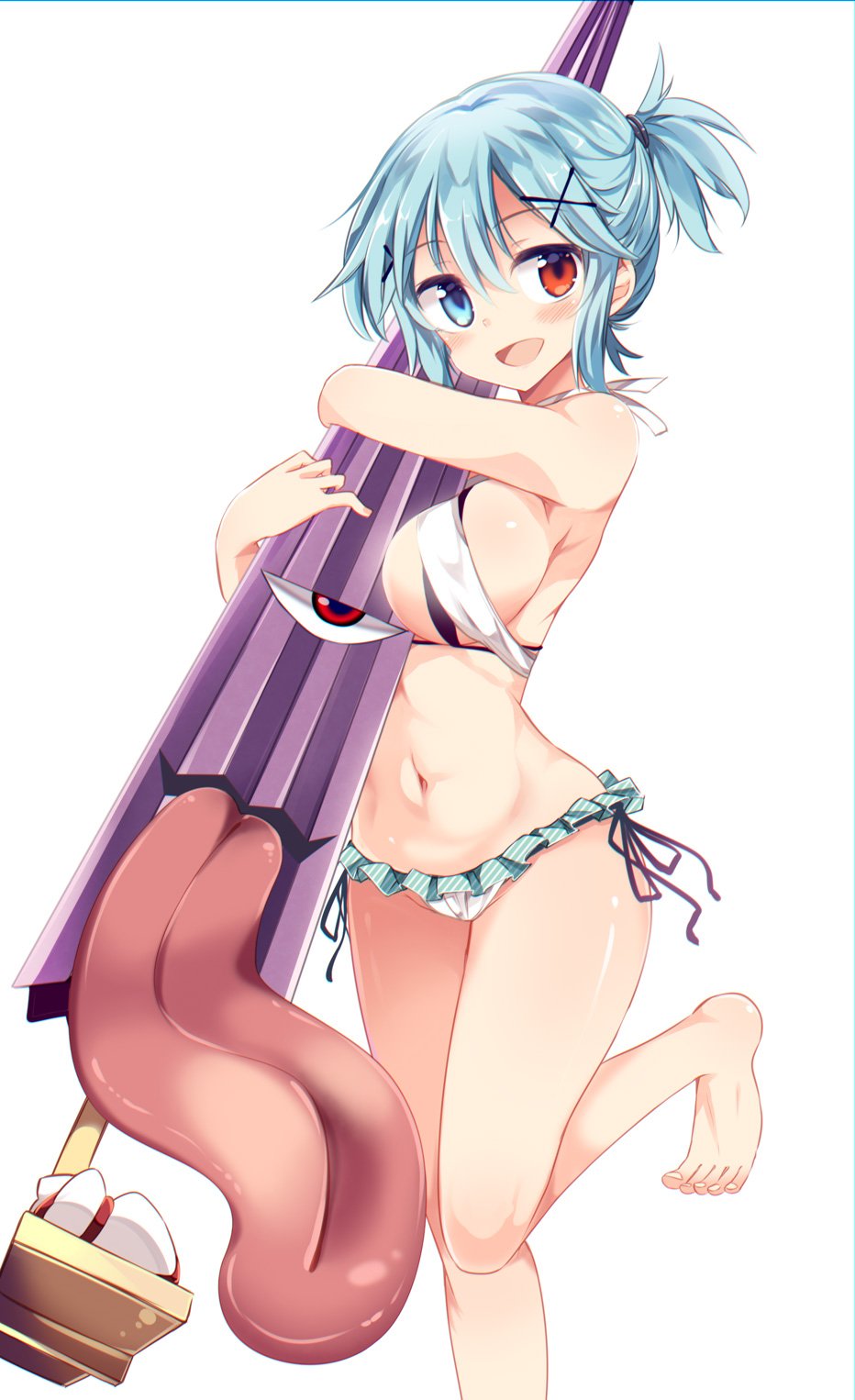 1girl :d alternate_costume alternate_hairstyle bare_arms bare_legs barefoot between_breasts bikini black_bikini_top blue_eyes blue_hair blush breasts criss-cross_halter frilled_bikini frills hair_between_eyes hair_ornament halterneck heterochromia highres large_breasts layered_bikini leg_up looking_at_viewer maturiuta_sorato navel object_hug open_mouth red_eyes short_hair short_ponytail side-tie_bikini sideboob simple_background smile solo standing standing_on_one_leg stomach swimsuit tatara_kogasa tongue touhou umbrella white_background white_bikini x_hair_ornament