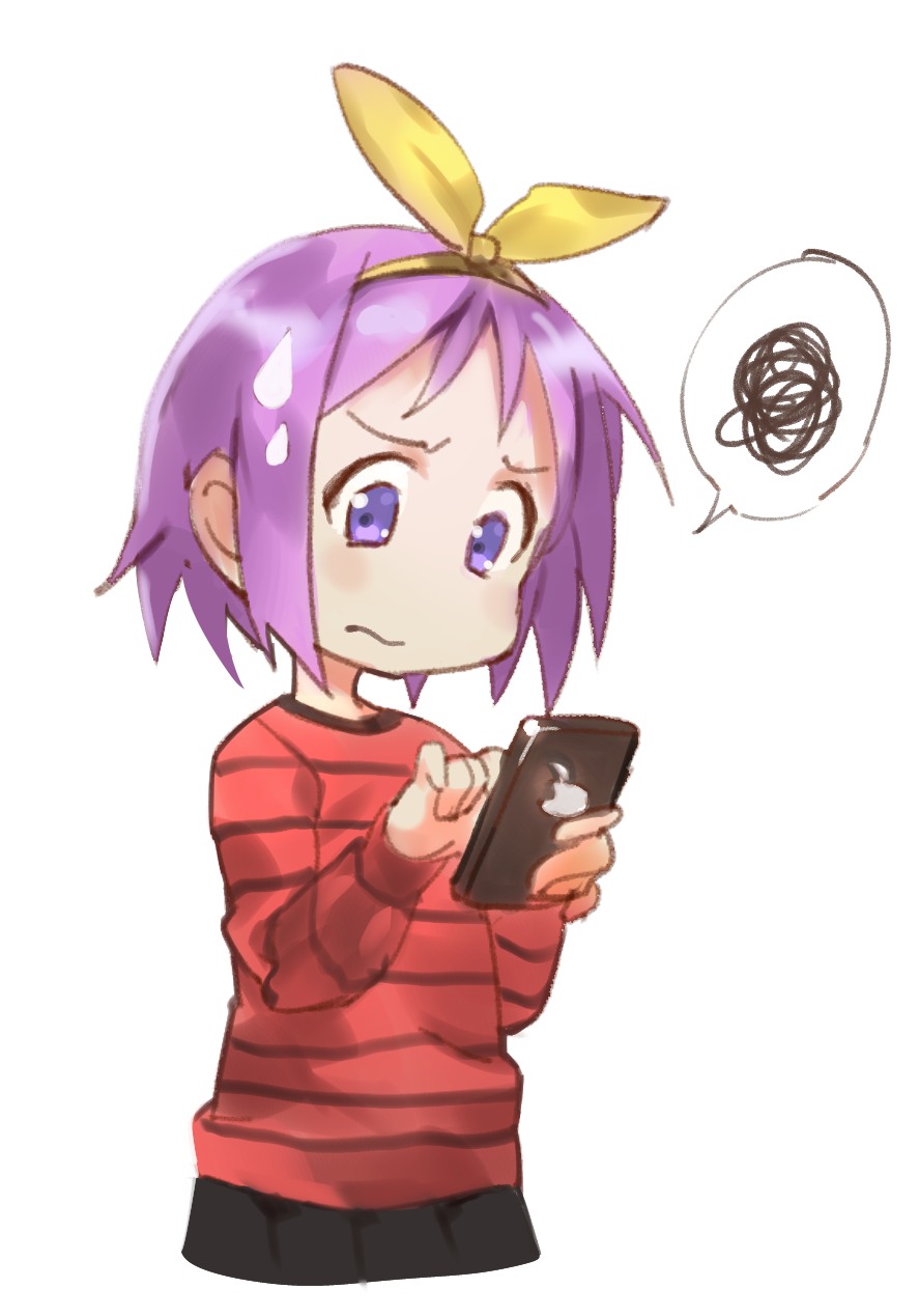 1girl blue_eyes bow cellphone frustrated hair_bow highres hiiragi_tsukasa iphone lucky_star phone purple_hair sendrawz short_hair smartphone solo striped striped_sweater sweatdrop sweater white_background