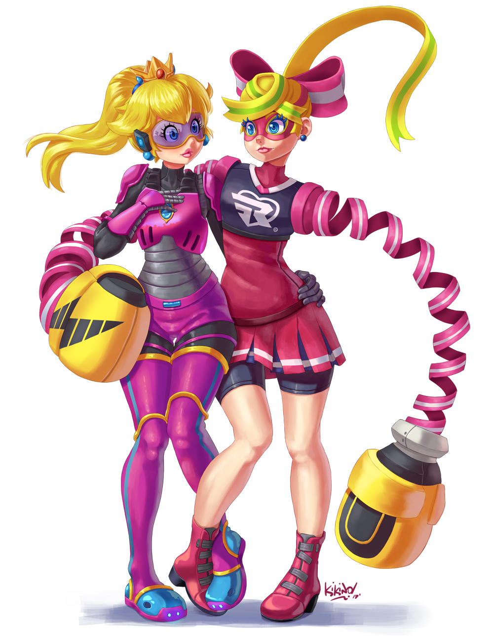 2girls armor arms_(game) bike_shorts blonde_hair blue_eyes boxing_gloves crown domino_mask full_body highres kikino super_mario_bros. mask multicolored_hair multiple_girls ponytail princess_peach ribbon_girl_(arms) shorts_under_skirt skirt super_mario_bros. two-tone_hair