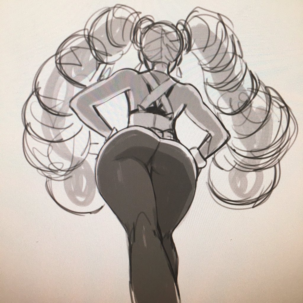 1girl arms_(game) ass bare_shoulders bracelet dark_skin drill_hair earrings from_behind jewelry long_hair robert_porter sketch solo thick_thighs thighs twin_drills twintelle_(arms) very_long_hair
