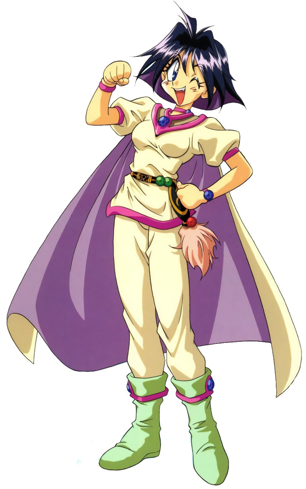 1girl 90s amelia_wil_tesla_seyruun araizumi_rui blue_eyes boots bracelet cape clenched_hands hand_on_hip jewelry looking_at_viewer official_art one_eye_closed open_mouth purple_hair short_hair simple_background slayers white_background