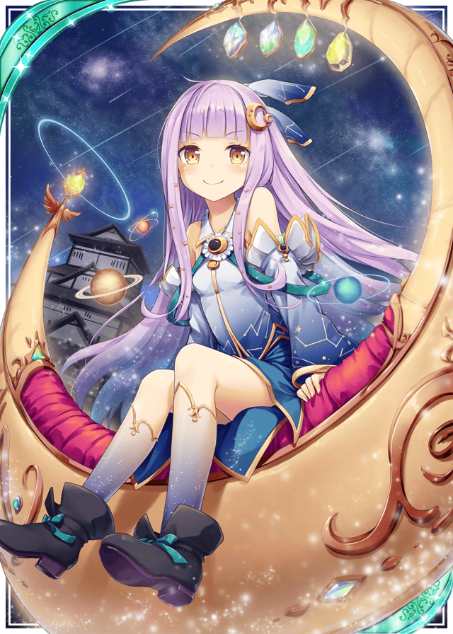 1girl akkijin bare_shoulders blue_dress blush boots card choker dress eyebrows eyebrows_visible_through_hair gem jewelry kneehighs looking_at_viewer moon_(ornament) night night_sky outdoors pagoda planet purple_hair shinkai_no_valkyrie sitting sky smile solo thighs yellow_eyes
