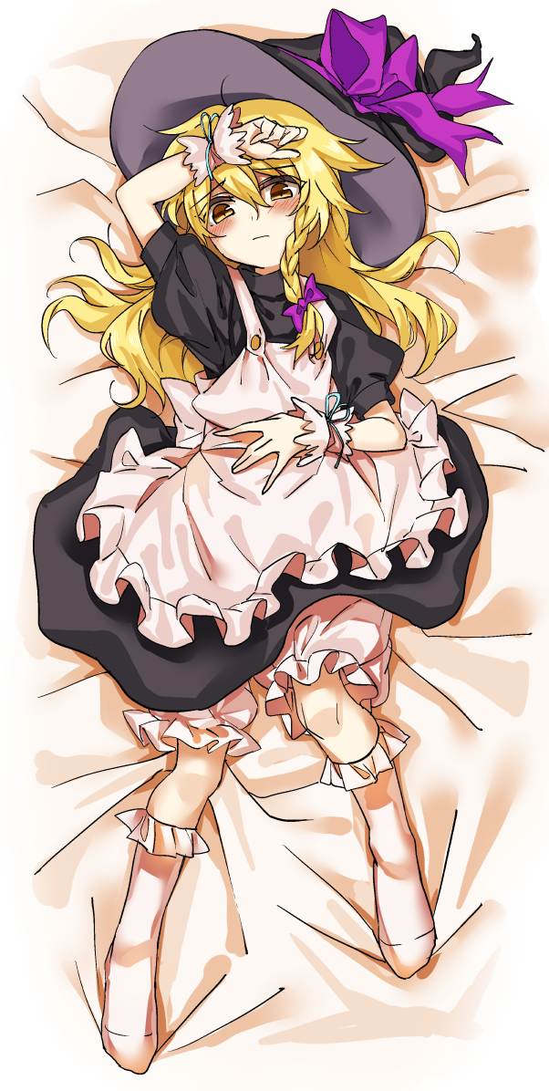 1girl apron black_dress blonde_hair bloomers blush bobby_socks commentary_request dress frown hand_on_forehead hand_on_own_stomach hat hat_ribbon kirisame_marisa looking_at_viewer lying manarou on_back on_bed ribbon socks solo the_embodiment_of_scarlet_devil touhou underwear wavy_hair witch_hat wrist_cuffs yellow_eyes