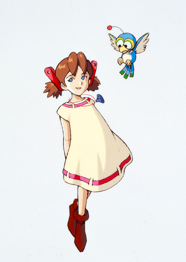1girl 90s arms_behind_back bird bird_(wonder_project) blue_eyes brown_hair dress full_body givro jewelry josette necklace official_art open_mouth pig_tail pino_(wonder_project) simple_background sleeveless square_enix tail twintails wonder_project_j2