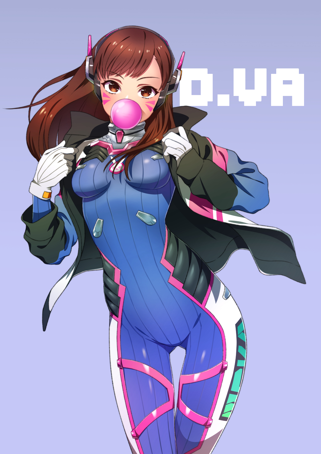 1girl acronym animal_print bangs blue_background blue_bodysuit bodysuit boots bracer breasts breasts_apart brown_eyes brown_hair bubble_blowing bunny_print character_name chewing_gum clothes_writing cowboy_shot d.va_(overwatch) eyebrows_visible_through_hair facepaint facial_mark gloves gluteal_fold hands_up headphones highres jacket legs_together long_hair long_sleeves medium_breasts open_clothes open_jacket overwatch pauldrons pilot_suit ribbed_bodysuit shoulder_pads simple_background skin_tight solo sumino_akasuke thigh-highs thigh_boots thigh_gap turtleneck whisker_markings white_boots white_gloves