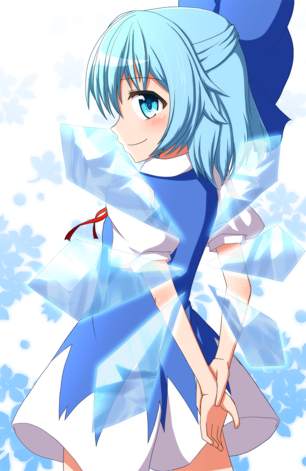 1girl arms_behind_back blue_eyes blue_hair blush bow cirno dress hair_bow highres ice ice_wings large_bow puffy_short_sleeves puffy_sleeves short_hair short_sleeves smile snowflakes solo teoi_(good_chaos) touhou wings