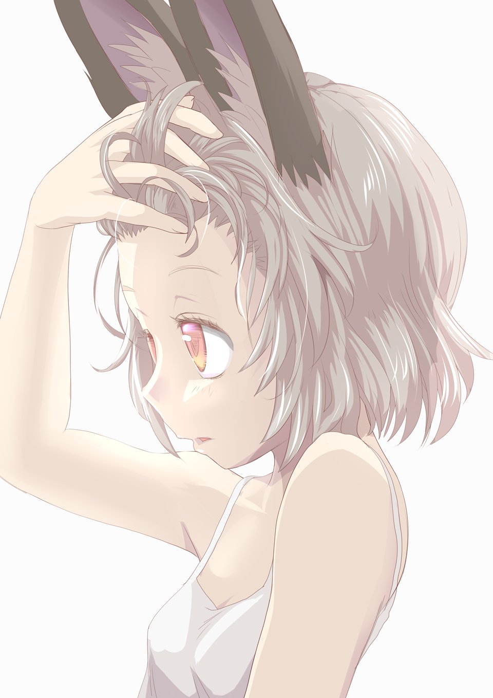 1girl animal_ears bare_arms breasts camisole grey_hair hand_in_hair highres ishikkoro medium_breasts mouse_ears nazrin parted_lips red_eyes short_hair simple_background solo touhou white_background
