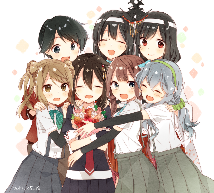 6+girls :d ^_^ ^o^ arm_warmers asagumo_(kantai_collection) ascot black_gloves black_hair black_serafuku black_skirt bouquet braid brown_eyes brown_hair closed_eyes dated double_bun fingerless_gloves flower fusou_(kantai_collection) gloves green_ascot grey_eyes grey_skirt hair_between_eyes hair_flaps kantai_collection long_hair long_sleeves michishio_(kantai_collection) mogami_(kantai_collection) multiple_girls naoto_(tulip) neckerchief open_mouth pink_flower pleated_skirt red_eyes red_neckerchief red_rose remodel_(kantai_collection) rose school_uniform serafuku shigure_(kantai_collection) shirt short_hair short_sleeves silver_hair single_braid skirt smile white_flower white_shirt yamagumo_(kantai_collection) yamashiro_(kantai_collection)