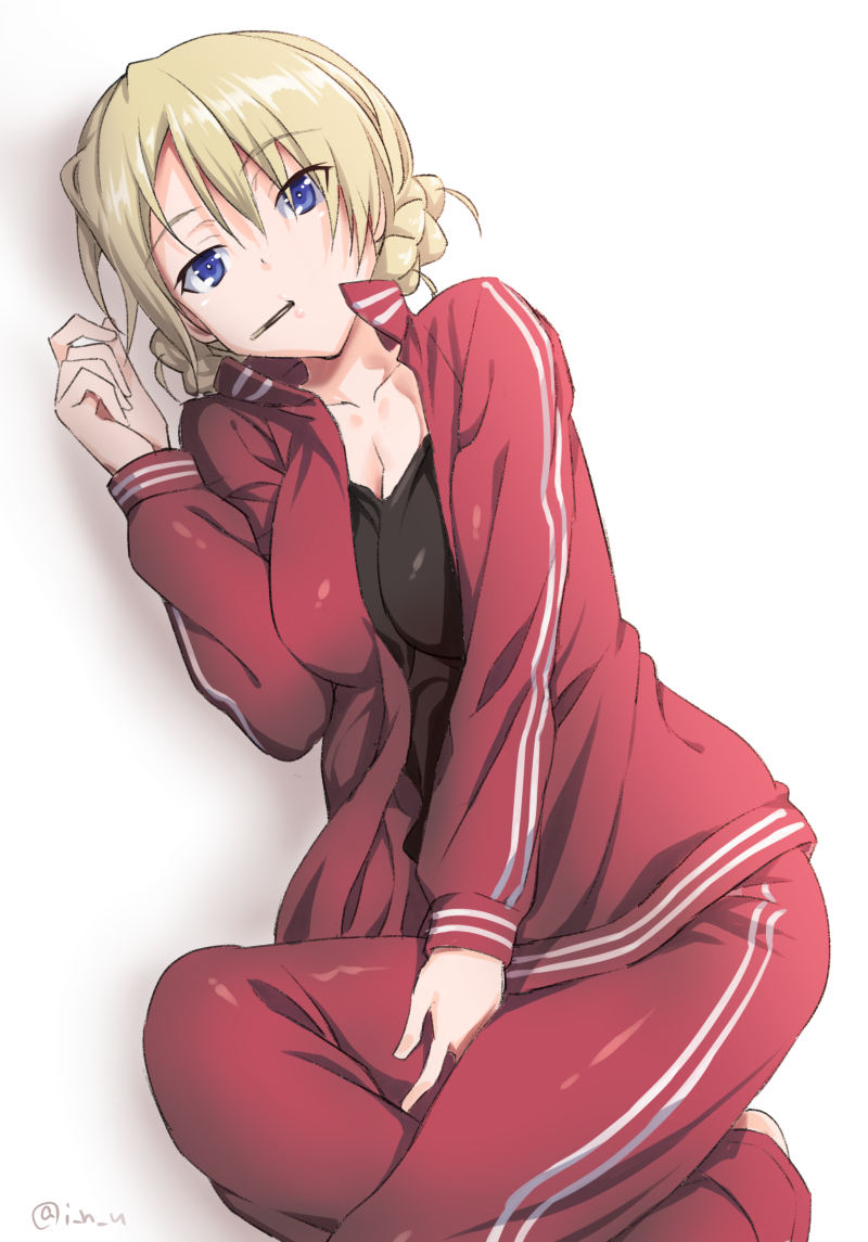 1girl bent_knees between_legs black_shirt blonde_hair blue_eyes braid breasts cleavage collarbone darjeeling eyebrows_visible_through_hair eyes_visible_through_hair food girls_und_panzer gym_uniform hand_between_legs inu_(aerodog) jacket large_breasts lips looking_at_viewer lying mouth_hold on_side open_clothes open_jacket pants pocky red_jacket red_pants shirt track_jacket track_pants track_suit twitter_username