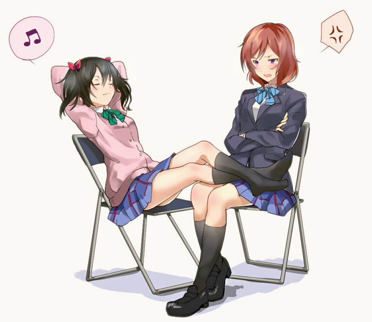 2girls anger_vein angry annoyed arms_up beamed_quavers black_hair black_legwear blazer blush bow bowtie cardigan chair commentary_request couple feet feet_up folding_chair full_body hair_bow hair_ornament jacket legs_on_another's_lap legs_up loafers long_sleeves love_live! love_live!_school_idol_project multiple_girls musical_note nishikino_maki no_shoes open_mouth redhead school_uniform sen'yuu_yuuji shoes short_hair sitting skirt smile socks speech_bubble spoken_anger_vein spoken_musical_note twintails violet_eyes yazawa_nico yuri