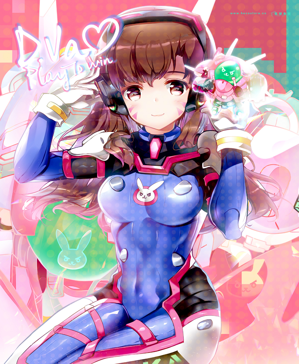 1girl :3 :d animal_print bangs blue_bodysuit bodysuit breasts brown_eyes brown_hair bunny_print character_name cuffs d.va_(overwatch) english facepaint facial_mark gloves glowing hand_on_headphones headphones heart heco_(mama) high_collar highres holding large_breasts long_hair looking_at_viewer mecha medium_breasts meka_(overwatch) model open_mouth overwatch pilot_suit polka_dot red_background ribbed_bodysuit shiny shiny_clothes shoulder_pads signature skin_tight smile solo striped swept_bangs teeth tongue upper_body whisker_markings white_gloves yellow_eyes