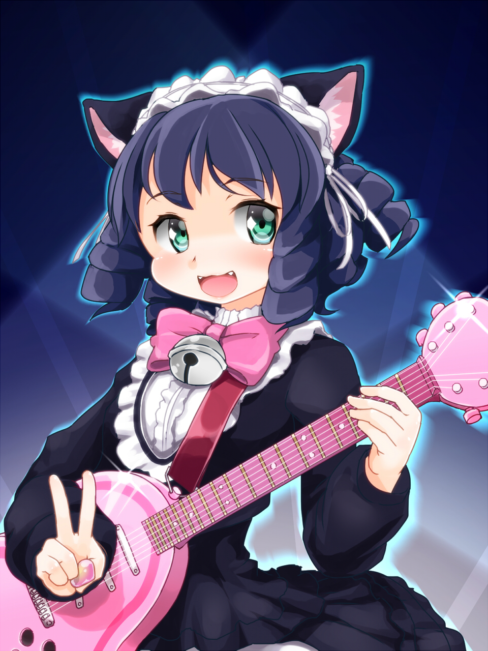 1girl animal_ears bangs bell black_dress black_hair bow cat_ears curly_hair cyan_(show_by_rock!!) dress fangs gothic_lolita green_eyes guitar highres holding_instrument hoono_yurumu instrument jingle_bell lolita_fashion long_sleeves looking_at_viewer maid_headdress open_mouth pink_bow ringlets short_hair show_by_rock!! smile solo v