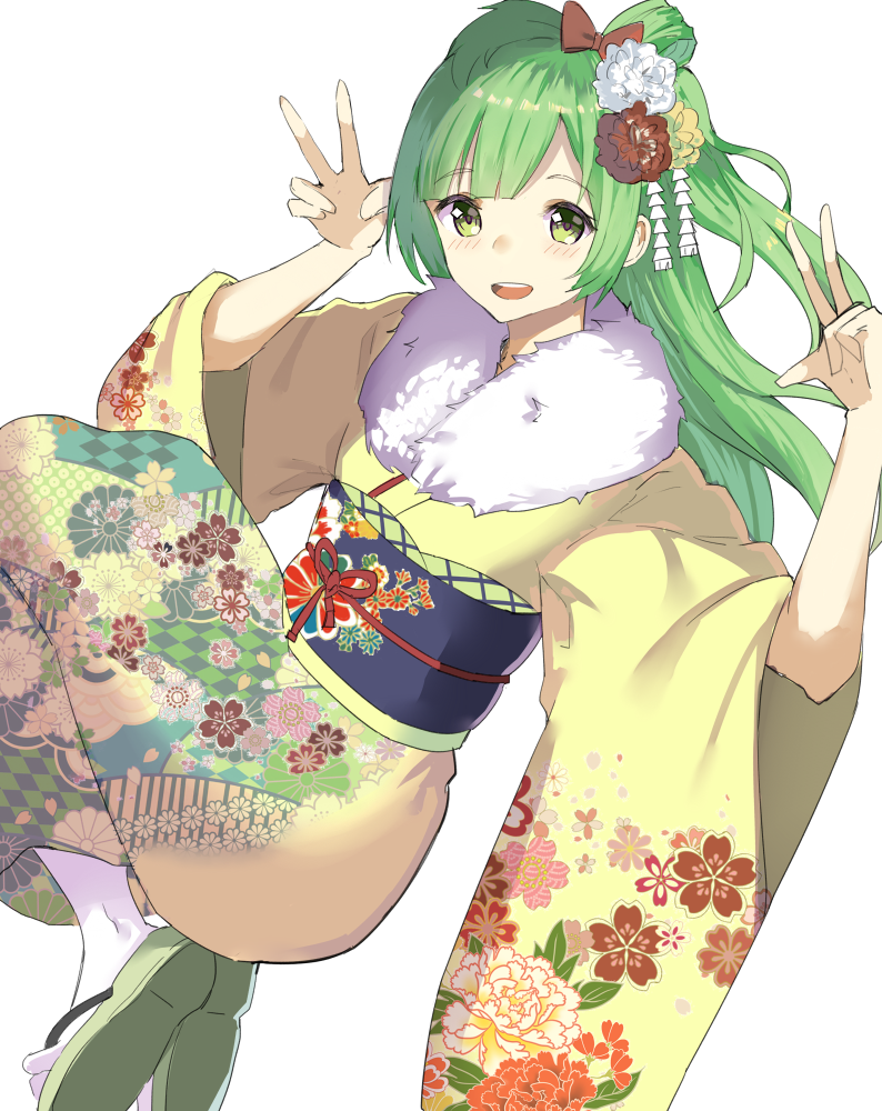 1girl alternate_eye_color alternate_hair_color aquna bangs blush bow commentary_request double_v eyebrows_visible_through_hair flat_chest floral_print flower fur-trimmed_kimono fur_trim green_eyes green_footwear green_hair hair_bow hair_flower hair_ornament japanese_clothes kimono knees_up legs_together long_hair long_sleeves looking_at_viewer love_live! love_live!_school_idol_project minami_kotori nengajou new_year obi one_side_up open_mouth red_bow sandals sash sidelocks simple_background smile socks soles solo tabi v white_background white_legwear wide_sleeves yellow_kimono