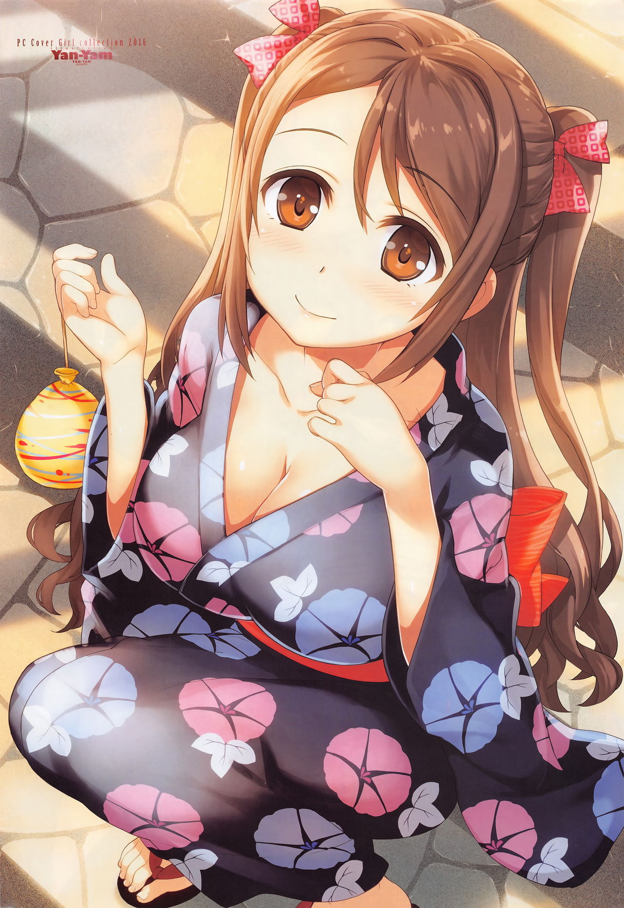 1girl bangs blush bow bowtie breasts brown_eyes brown_hair cleavage collarbone eyebrows_visible_through_hair feet floral_print hair_ribbon highres holding japanese_clothes kimono kneeling large_breasts long_hair looking_at_viewer obi original outdoors sandals sash scan smile solo squatting toes twintails wide_sleeves yan-yam