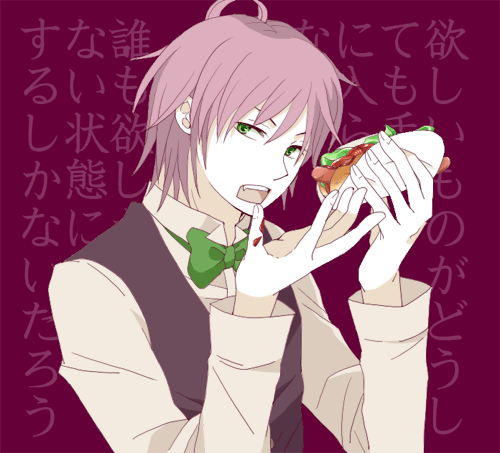 1boy alternate_costume alternate_eye_color alternate_hair_color bow bowtie eating fang green_eyes haruka_(tactics) hot_dog lowres mito_(bluff) open_mouth purple_hair solo tactics text translation_request