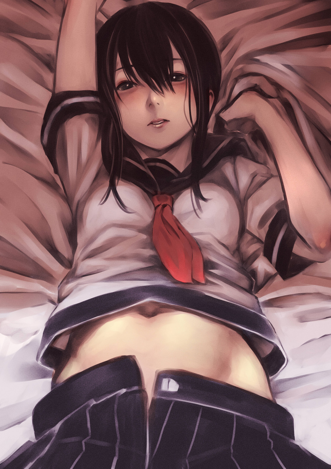 1girl bed_sheet belly_peek black_eyes black_hair blush commentary_request fubuki_(kantai_collection) groin highres kantai_collection looking_at_viewer lying midriff navel on_back open_clothes open_fly open_skirt parted_lips pleated_skirt realistic school_uniform serafuku sheet_grab short_sleeves skirt solo unbuttoned unzipped yunoji_(makuswel)