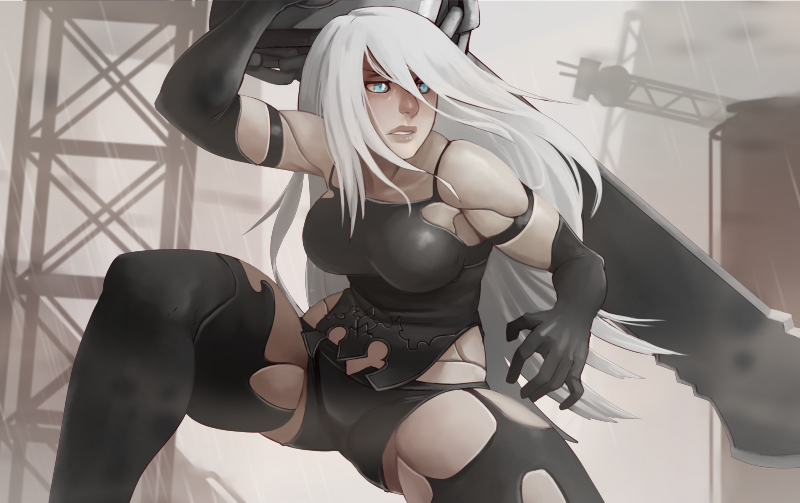 1girl android bare_shoulders blue_eyes breasts elbow_gloves fighting_stance gloves large_breasts long_hair nier_(series) nier_automata over_shoulder parted_lips robot_joints silver_hair solo sword thighs weapon weapon_over_shoulder whistle_frog yorha_type_a_no._2