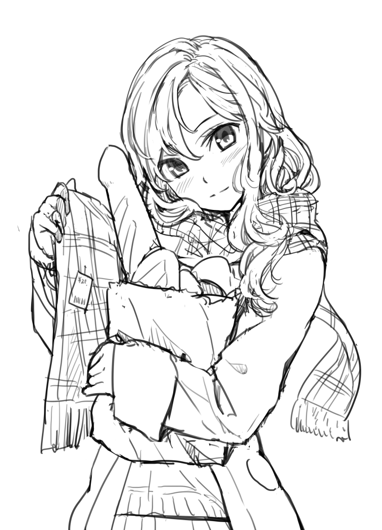 1girl baguette blush bread closed_mouth coat food fringe hair_between_eyes holding_bag light_smile long_hair looking_at_viewer open_clothes open_coat original plaid plaid_scarf scarf simple_background sketch smile solo upper_body wavy_hair yoropa