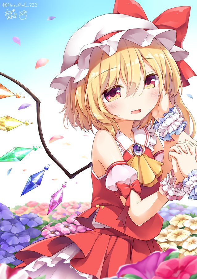 2girls blonde_hair blush clown_222 crystal fang flandre_scarlet flower hand_holding hand_on_another's_face hat long_hair multiple_girls open_mouth outdoors red_eyes remilia_scarlet shirt siblings side_ponytail sisters skirt sleeveless sleeveless_shirt smile solo_focus touhou wind wind_lift wings