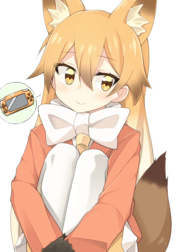 1girl animal_ears blazer blonde_hair blush bow brown_hair closed_mouth eyebrows_visible_through_hair ezo_red_fox_(kemono_friends) fox_ears fox_tail hair_between_eyes handheld_game_console head_tilt jacket kemono_friends leg_hug looking_at_viewer multicolored_hair necktie orange_eyes own_hands_together playstation_portable pleated_skirt rateratte sitting skirt smile solo spoken_game_console tail two-tone_hair white_background white_bow white_legwear white_skirt yellow_necktie