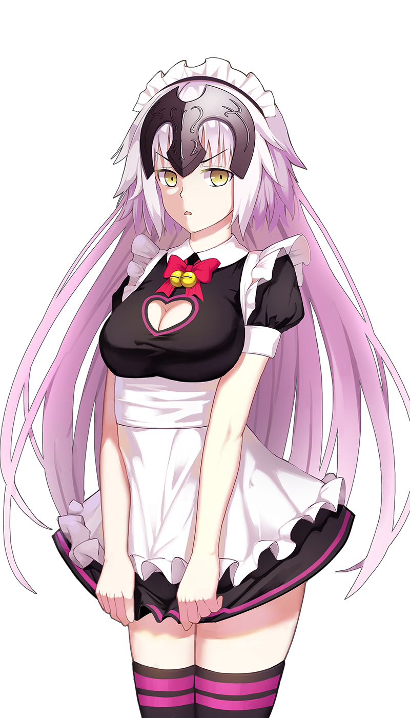 &gt;:o 1girl :o alternate_costume apron bangs bell black_dress black_legwear bow bowtie breasts cleavage cleavage_cutout cowboy_shot dress dress_tug enmaided eyebrows_visible_through_hair fate/apocrypha fate/grand_order fate_(series) frills headphones highres jeanne_alter jingle_bell long_hair looking_at_viewer maid maid_headdress medium_breasts open_mouth pink_hair puffy_short_sleeves puffy_sleeves red_bow red_bowtie ruler_(fate/apocrypha) short_sleeves simple_background siunaus solo standing straight_hair thigh-highs tsurime underbust very_long_hair white_apron white_background yellow_eyes zettai_ryouiki