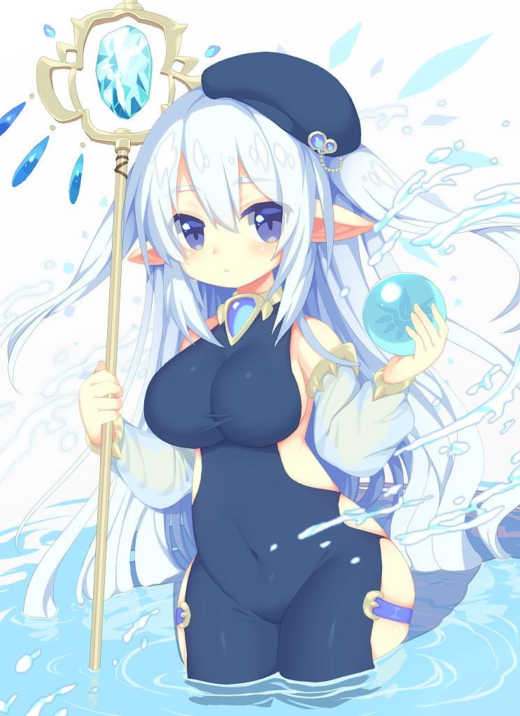 1girl breasts commentary covered_navel crystal detached_sleeves elf hat large_breasts long_hair looking_at_viewer mofuaki orb original pointy_ears silver_hair skin_tight solo staff two_side_up violet_eyes wading water