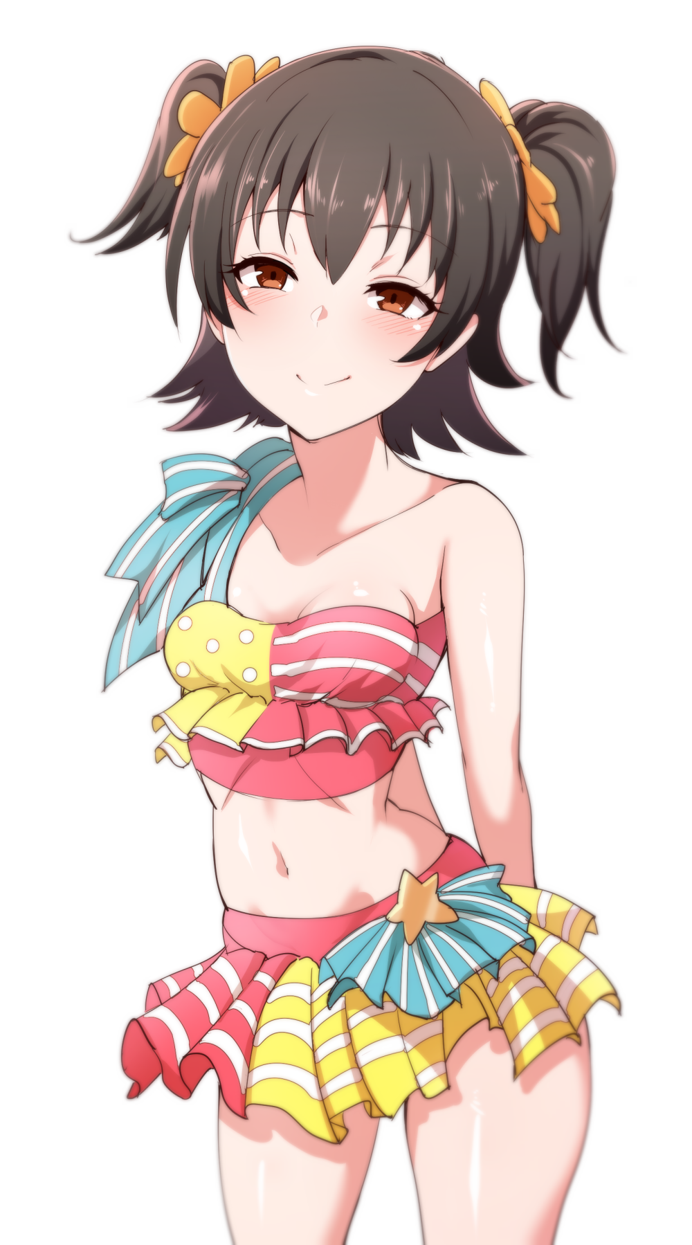 1girl akagi_miria arms_behind_back bare_shoulders black_hair blush breasts brown_eyes highres idolmaster idolmaster_cinderella_girls midriff navel pocari_sweat_(artist) short_hair skirt small_breasts smile solo star two_side_up white_background