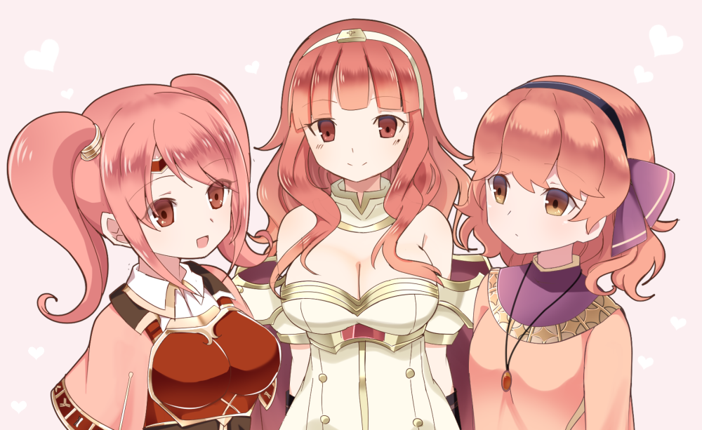 3girls bare_shoulders breastplate breasts brown_eyes celica_(fire_emblem) circlet cleavage fire_emblem fire_emblem_echoes:_mou_hitori_no_eiyuuou grey_background hairband heart jenny_(fire_emblem) jewelry large_breasts long_hair mae_(fire_emblem) multiple_girls necklace open_mouth pink_hair red_eyes redhead shira_yu_ki twintails