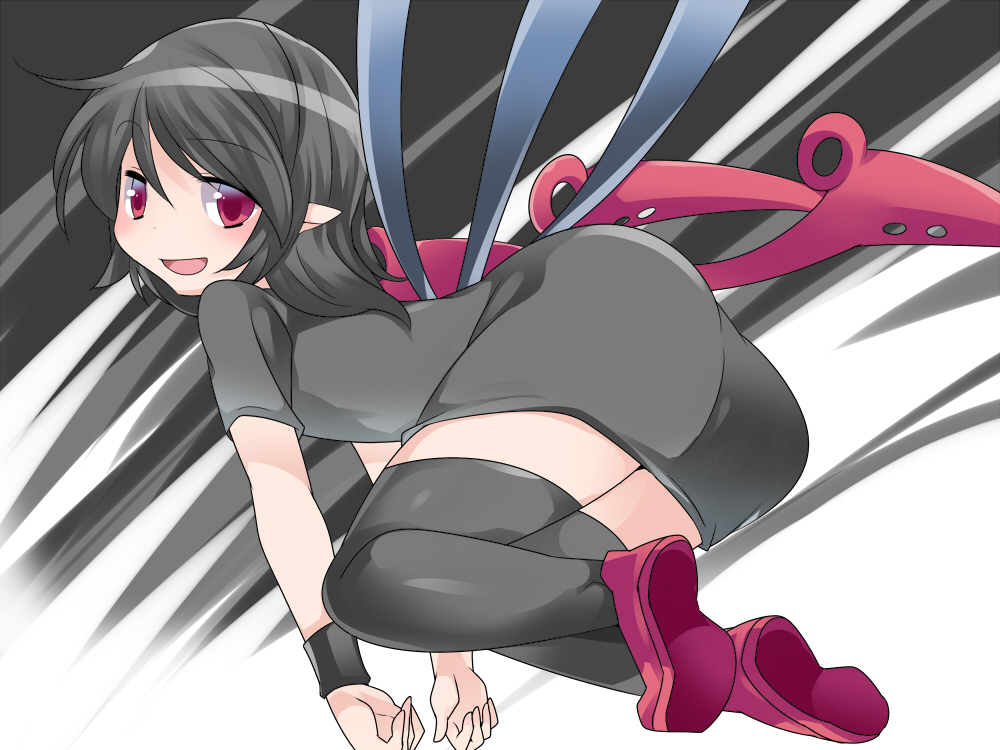 1girl ass asymmetrical_wings black_dress black_hair black_legwear commentary_request dress hammer_(sunset_beach) houjuu_nue long_hair looking_at_viewer miniskirt open_mouth pointy_ears red_eyes skirt smile solo thigh-highs touhou wings wristband zettai_ryouiki