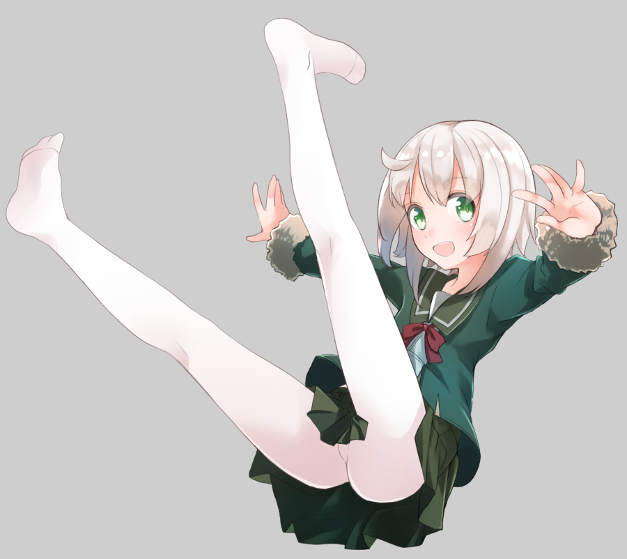 1girl blonde_hair bow bowtie comah feet fur_trim green_eyes green_jacket green_skirt grey_background jacket kantai_collection legs_up long_sleeves looking_at_viewer no_shoes open_mouth pantyhose pleated_skirt red_bow red_bowtie shimushu_(kantai_collection) short_hair simple_background skirt smile solo white_legwear
