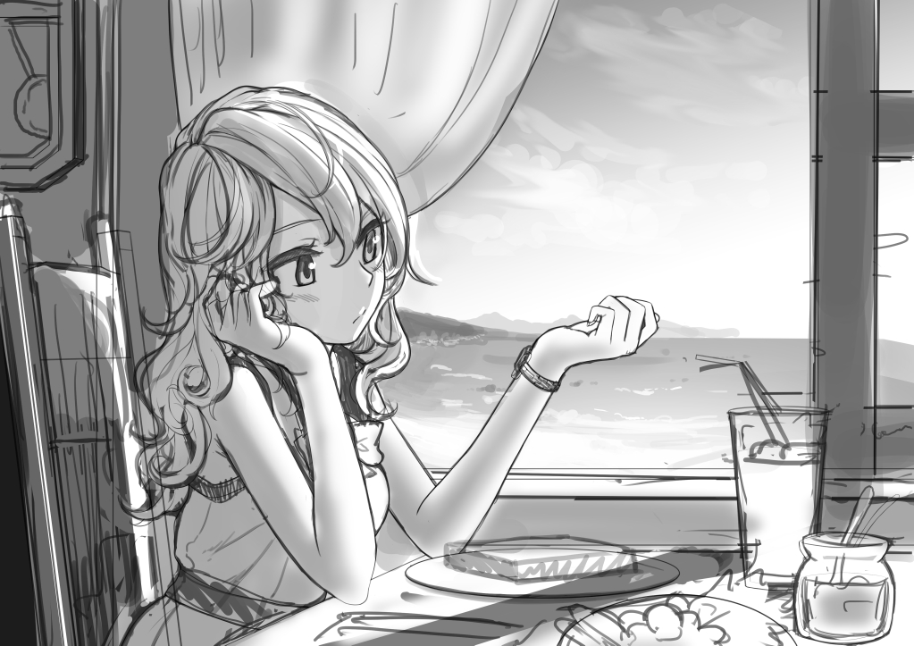 1girl blush bracelet chair closed_mouth cup day greyscale hair_between_eyes indoors jewelry long_hair looking_at_watch monochrome original plate pursed_lips sketch solo table watch watch wavy_hair window yoropa