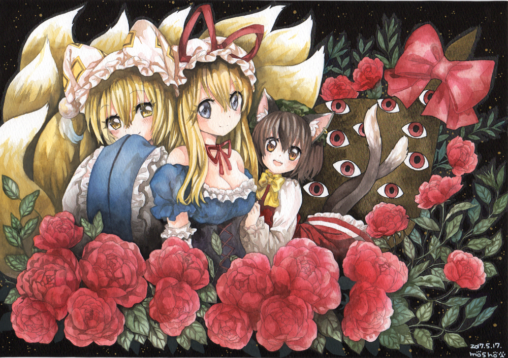 3girls animal_ears artist_name bangs bare_shoulders blonde_hair blush bow breasts brown_eyes brown_hair calligraphy_brush_(medium) cat_ears cat_tail chen choker cleavage corset dated dress earrings elbow_gloves flower fox_tail frilled_gloves frilled_skirt frills gap gloves green_hat hair_between_eyes hands_together hat hat_ribbon jewelry light_particles long_hair long_sleeves looking_at_viewer medium_breasts mob_cap mosho multiple_girls multiple_tails pillow_hat puffy_short_sleeves puffy_sleeves purple_dress red_rose red_skirt red_vest reflective_eyes ribbon ribbon_choker rose short_hair short_sleeves skirt skirt_set smile tail touhou traditional_media two_tails upper_body vest violet_eyes watercolor_(medium) white_dress white_gloves wide_sleeves yakumo_ran yakumo_yukari yellow_eyes