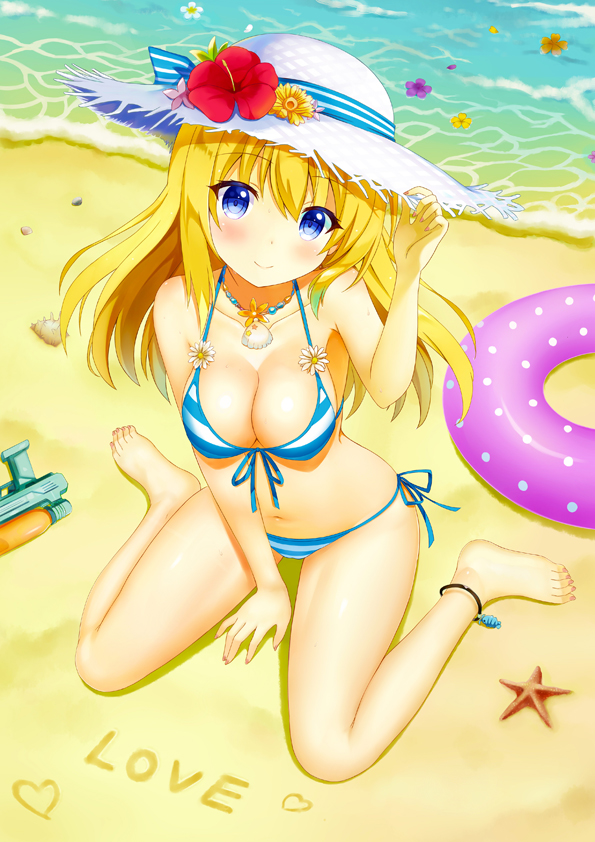 1girl ankleband armpit_peek bangs bare_arms bare_legs bare_shoulders barefoot beach bikini blonde_hair blue_bikini blue_eyes blush breasts cleavage closed_mouth collarbone eroge-_(artist) eyebrows_visible_through_hair flower from_above front-tie_bikini front-tie_top full_body hair_between_eyes hand_on_headwear hand_up hat head_tilt heart hibiscus innertube jewelry large_breasts long_hair looking_at_viewer nail_polish navel necklace ocean original pebble petals petals_on_water pink_nails polka_dot purple_flower red_flower sand sand_writing seashell shell shiny shiny_skin side-tie_bikini sitting smile solo starfish straw_hat string_bikini striped striped_bikini sun_hat swimsuit toenail_polish wariza water_gun white_bikini white_flower white_hat yellow_flower