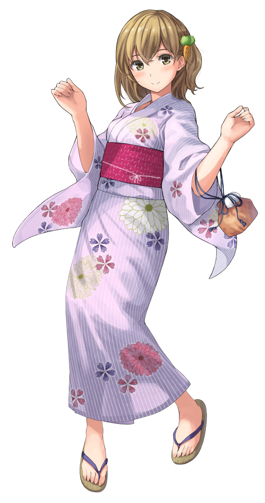 1girl bangs blush brown_eyes brown_hair carrot_hair_ornament cherry_blossoms closed_mouth eyebrows_visible_through_hair feet floral_print food_themed_hair_ornament full_body hair_ornament hands_up japanese_clothes kimono kinchaku light_smile looking_at_viewer obi original pink_kimono pouch sandals sash simple_background solo toes white_background yoropa