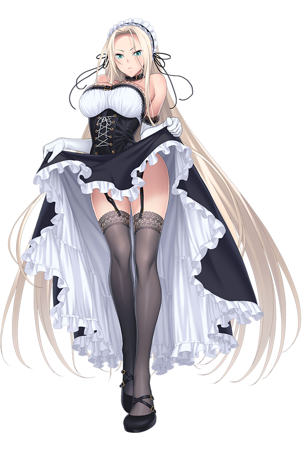 1girl aqua_eyes bangs bare_shoulders black_legwear blonde_hair breasts character_request choker cleavage collar dress dress_lift elbow_gloves gang_of_heaven garter_straps gloves headdress high_heels holding large_breasts lifted_by_self looking_at_viewer maid maid_headdress simple_background solo strapless strapless_dress suzume_inui thigh-highs transparent_background very_long_hair white_gloves