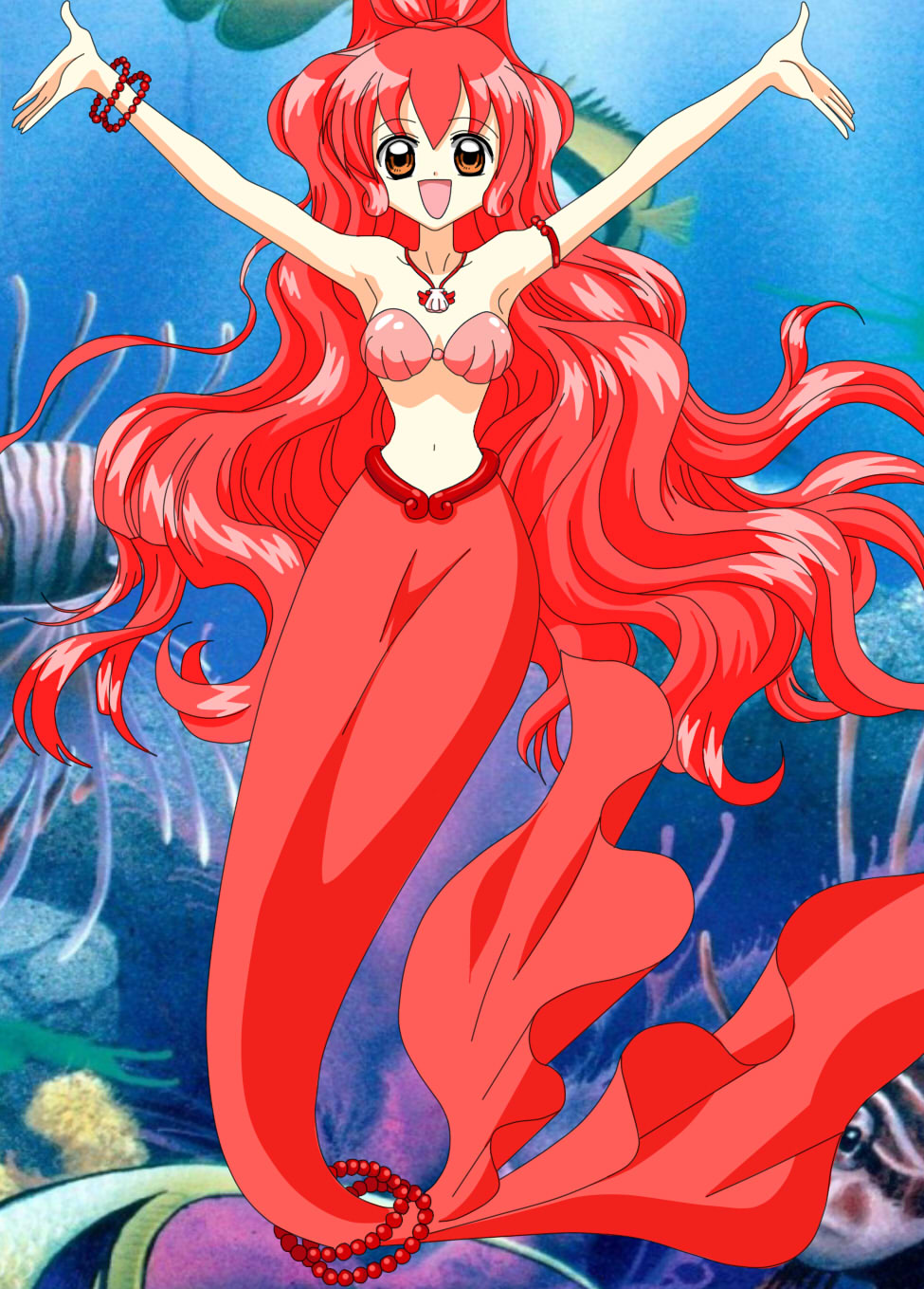 1girl highres izumi_cora long_hair luana_morado mermaid mermaid_melody_pichi_pichi_pitch monster_girl red red_eyes redhead tail